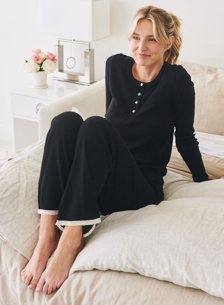 Tilly Fitted Long Sleeve Henley - Black Rib Knit With Black Velvet Placket