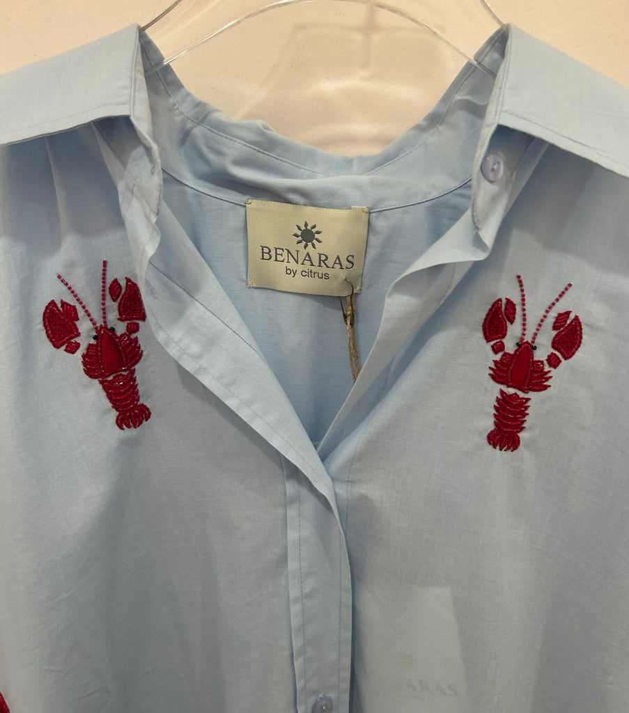 BENARAS~ Light blue/red beaded lobster short shirtdress #25256