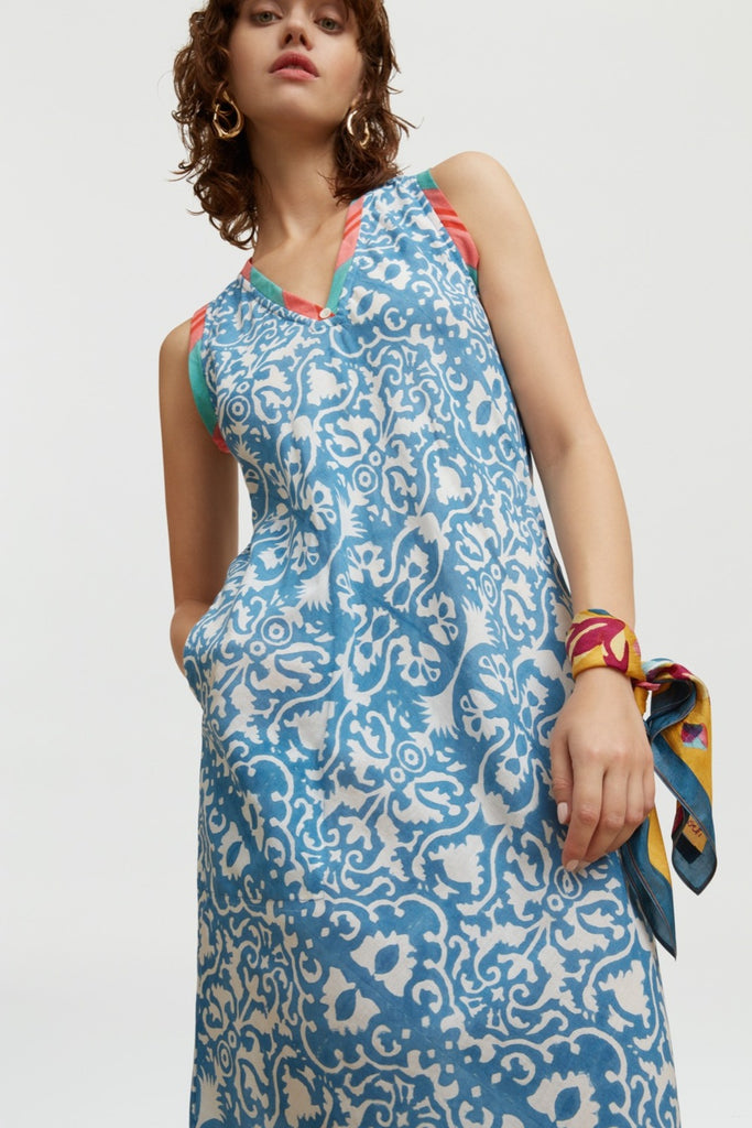 LISA CORTI~Cheack dress with blue damask print