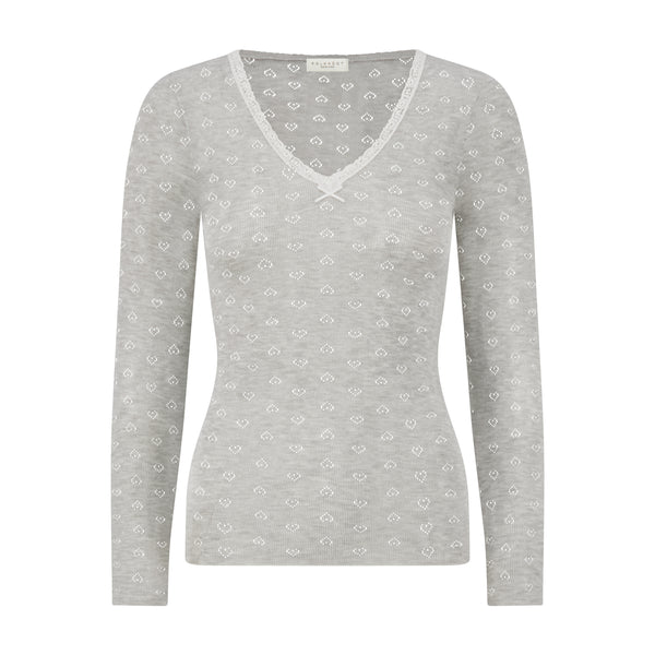 Polkadot V NECK Fitted Long Sleeve - Heather Grey Hearts Pointelle