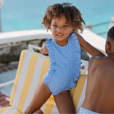 MINNOW~ Girls blue micro gingham ruffle one piece