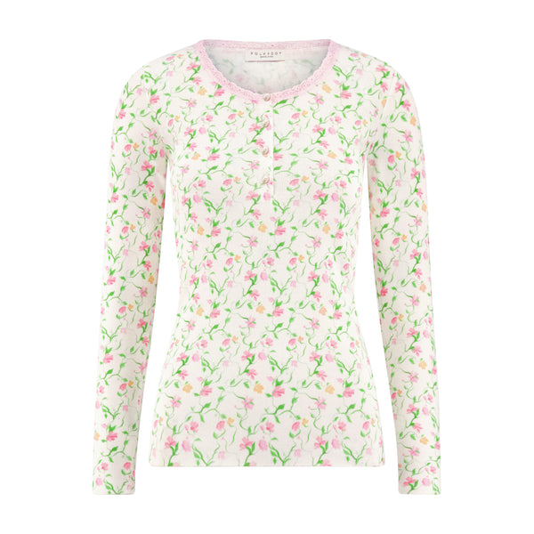 Polkadot HENLEY Fitted 4 Button w Lace - Sweet Pea Print