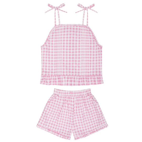MINNOW~ Girl blush gingham tie tank and short set