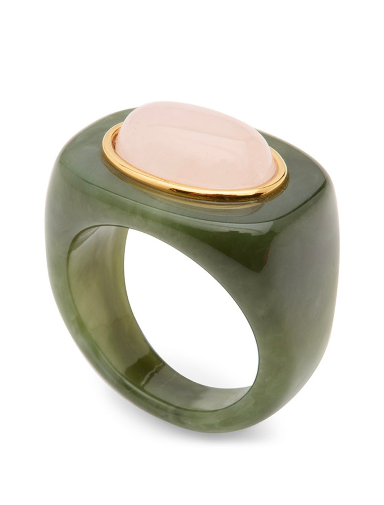 LUCAS JACK~ Resin ring with oval stone and thing gold plate rim