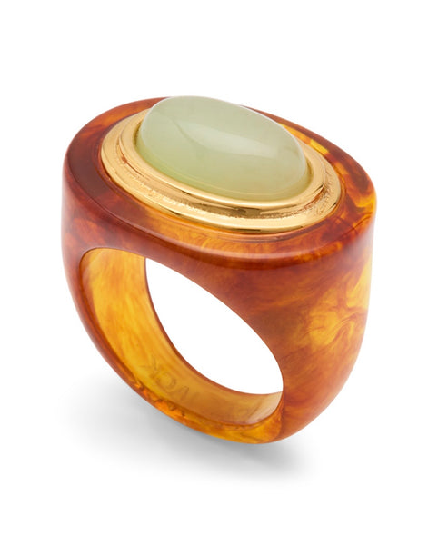 LUCAS JACK~ Tortoise resin ring w green quartz R129