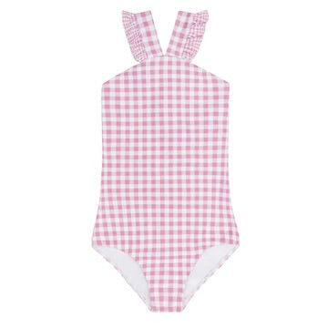 MINNOW~Girls blush gingham v neck crossover 1 pc swimsuit