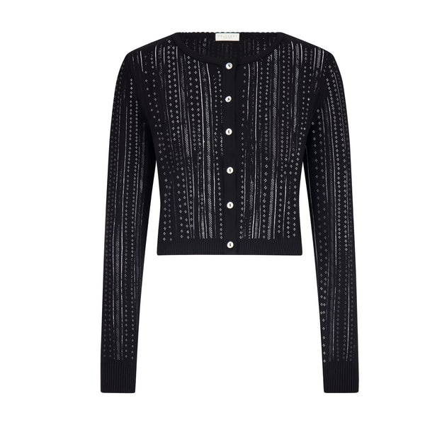 Polkadot Black Windsor Pointelle CROP CARDIGAN Crew LS