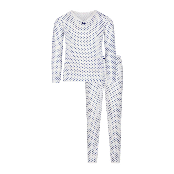 Polkadot Girls Set V Neck Long Sleeve & Pant - Navy Dot Print