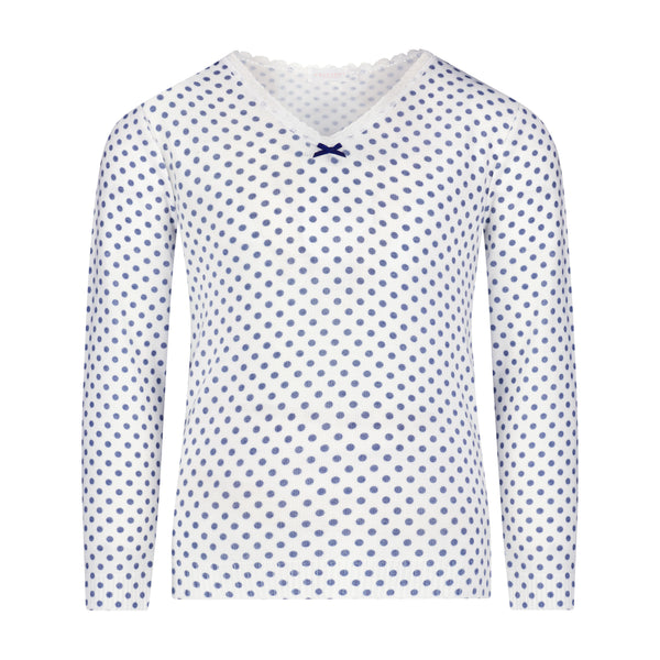 Polkadot Girls Set V Neck Long Sleeve & Pant - Navy Dot Print