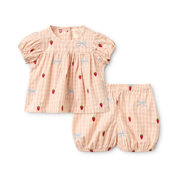 FLOESS~ Dolly pink gingham bow baby short sleeve set