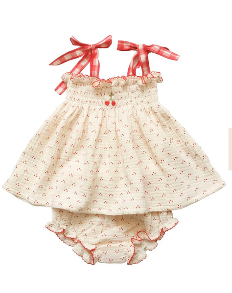 WILD WAWA~ Embroidered smock set in cherries