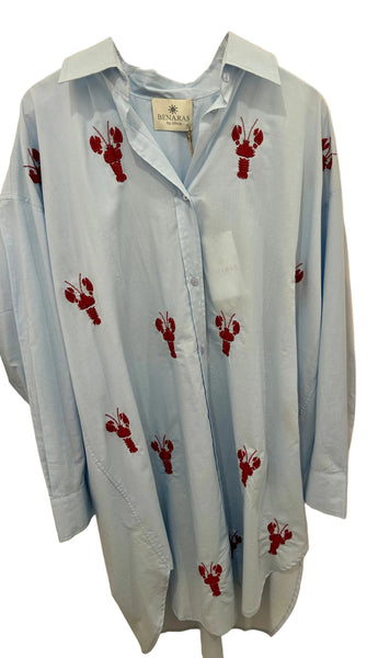 BENARAS~ Light blue/red beaded lobster short shirtdress #25256