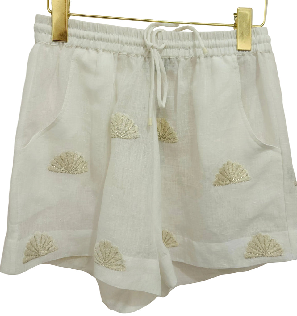 BENARAS~ Ivory 2 pc linen top and drawstring short w shell beading  #25257/24671