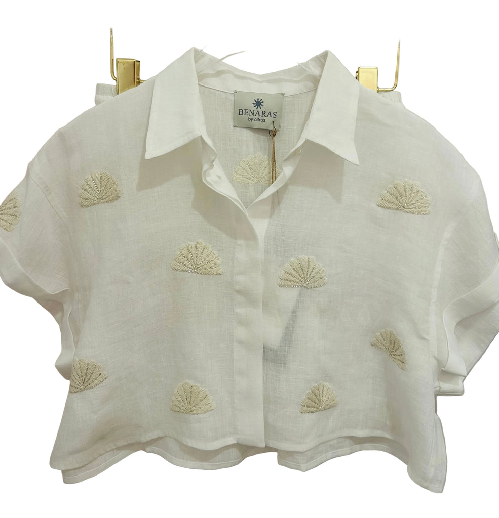 BENARAS~ Ivory 2 pc linen top and drawstring short w shell beading  #25257/24671