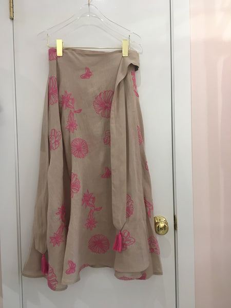 NIMO WITH LOVE~ Chevril linen wrap skirt w pink floral embroidery