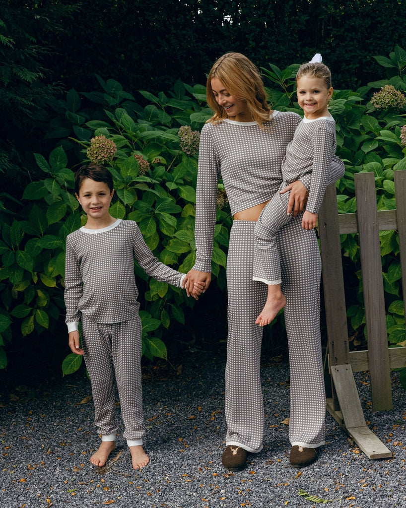 Polkadot BOYS SET Crew LS & Pant - Brown Gingham Print