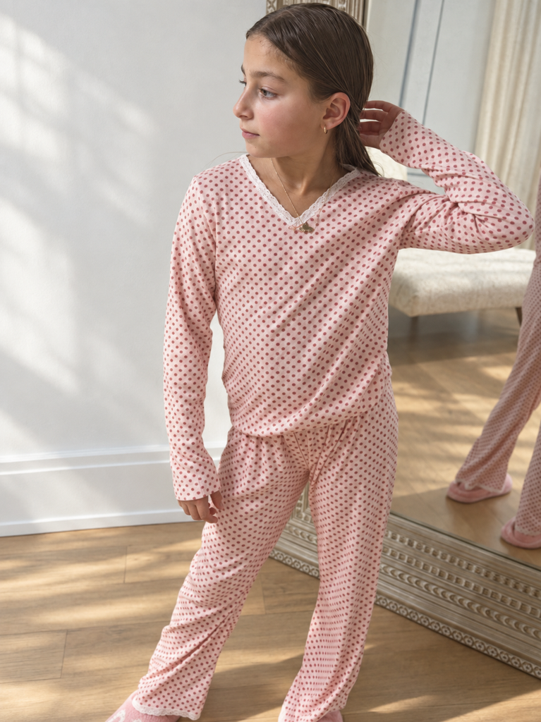 Girls Marlowe V-Neck Long Sleeve Tee & Wide Leg Pant Set - Red Dot Print