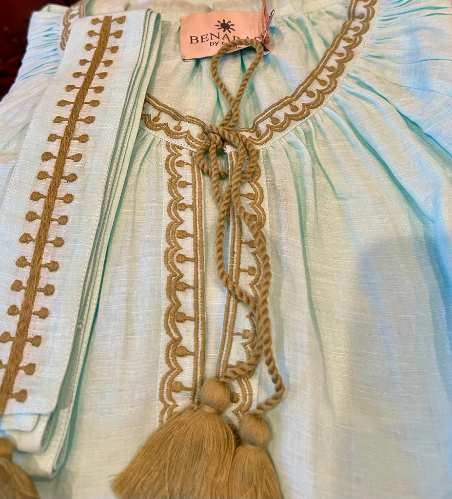 BENARAS~ Lt turquoise/loden Byblos kaftan 24704