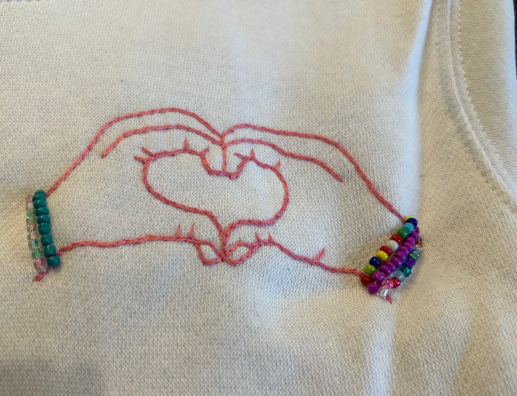 SWEET OLIVE STREET~ White hoodie hand heart w beaded friendship bracelets