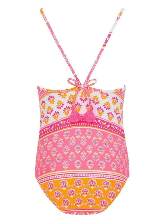 SUNUVA~ 1 pc neon sherbet pink/orange block print swimsuit