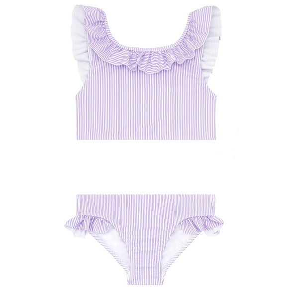 MINNOW~ Girls lavender micro stripes ruffle neck bikini