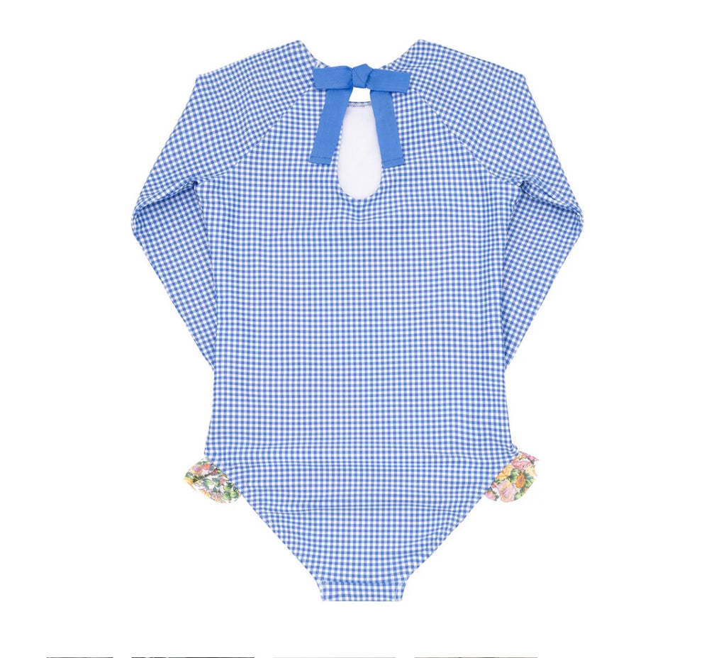 MINNOW~ Girls blue micro gingham /multifloral rashguard 1 pc w ruffles