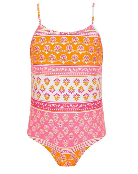 SUNUVA~ 1 pc neon sherbet pink/orange block print swimsuit