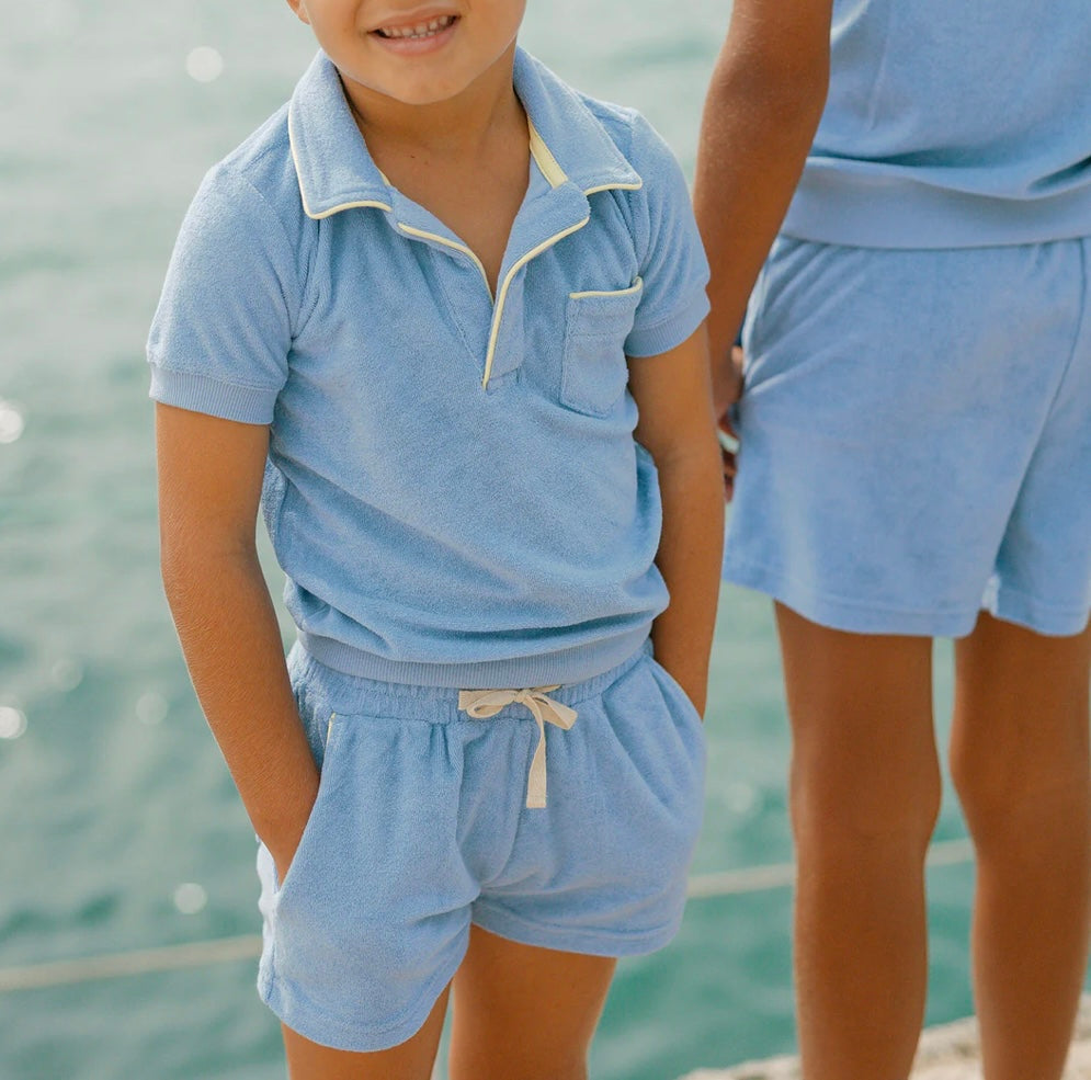 MINNOW~ Boys Clearwater blue French Terry short w banana piping