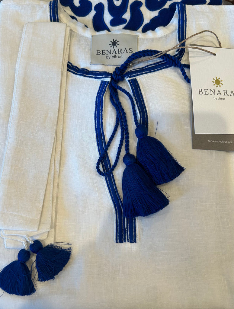 BENARAS~ White/Royal blue kaftan 24876