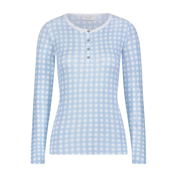 Polkadot HENLEY 4 Button w Lace Fitted BLUE GINGHAM Print