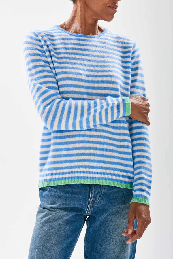 JUMPER 1234~ Tipped little stripe blue cashmere sweater