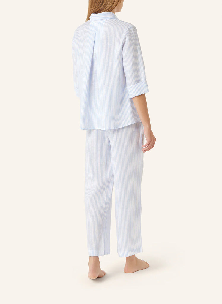 YELLAMARIS~2 pc Stripe linen rounded collar 3/4 sleeve blouse with elastic pant