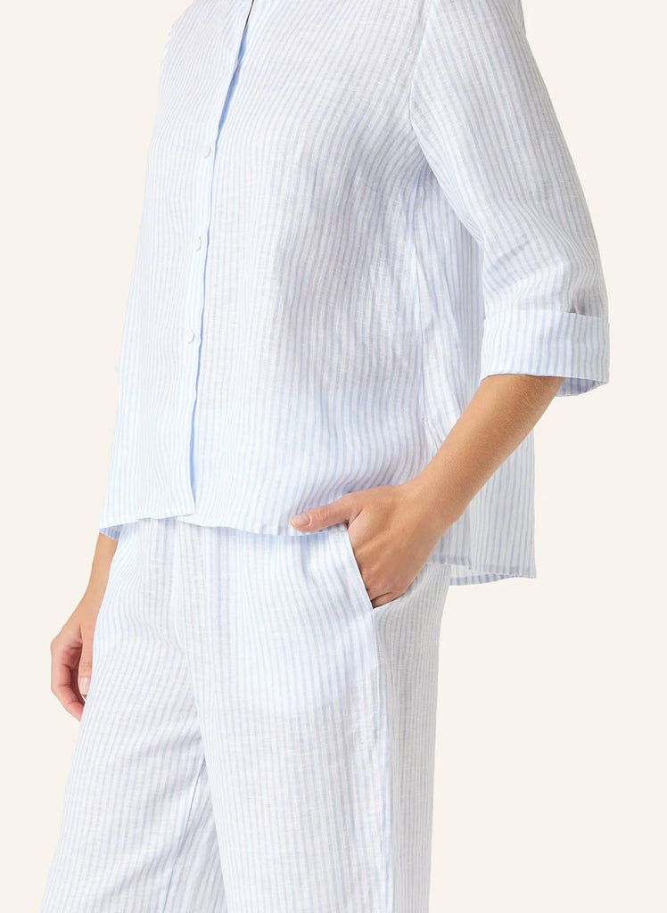 YELLAMARIS~2 pc Stripe linen rounded collar 3/4 sleeve blouse with elastic pant