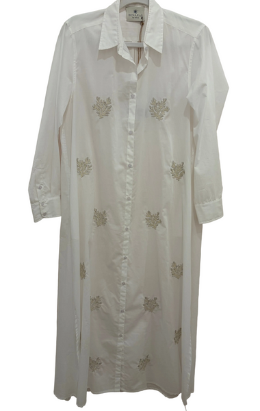 BENARAS~ White long shirtdress w coral beading #25191
