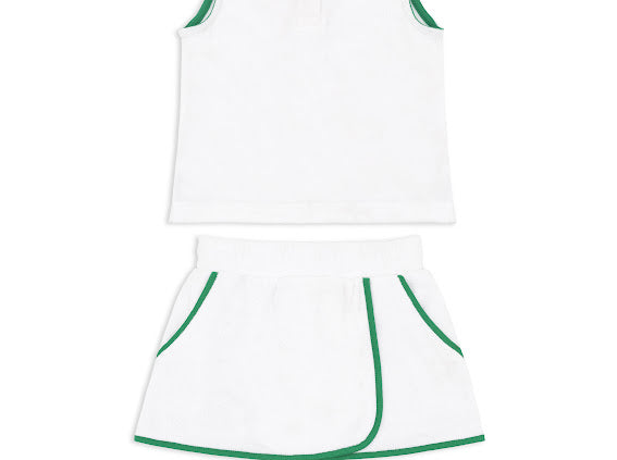 MINNOW~ Girls white French Terry top and skort set w green trim