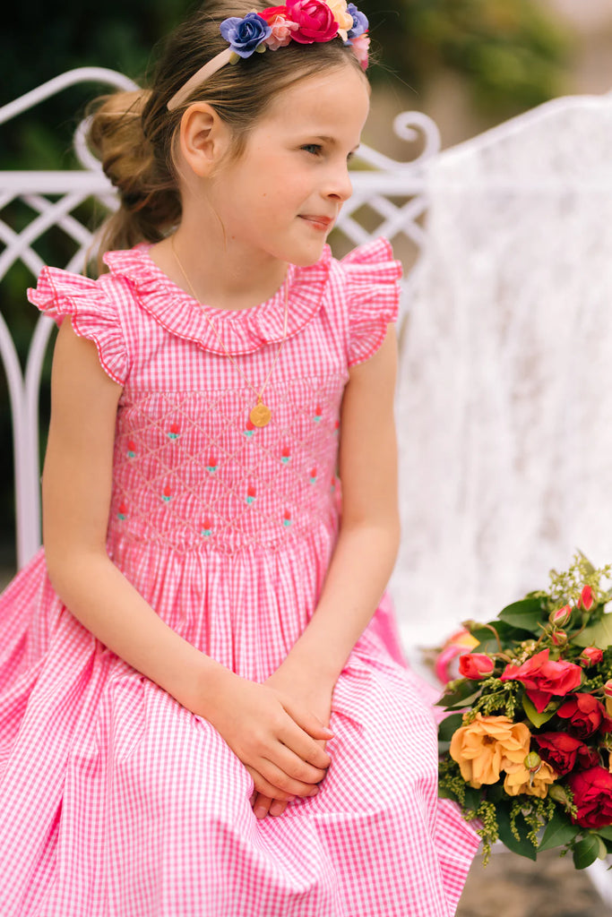 ANTOINETTE PARIS~ Tulip pink gingham frilled cap sleeve smocked dress