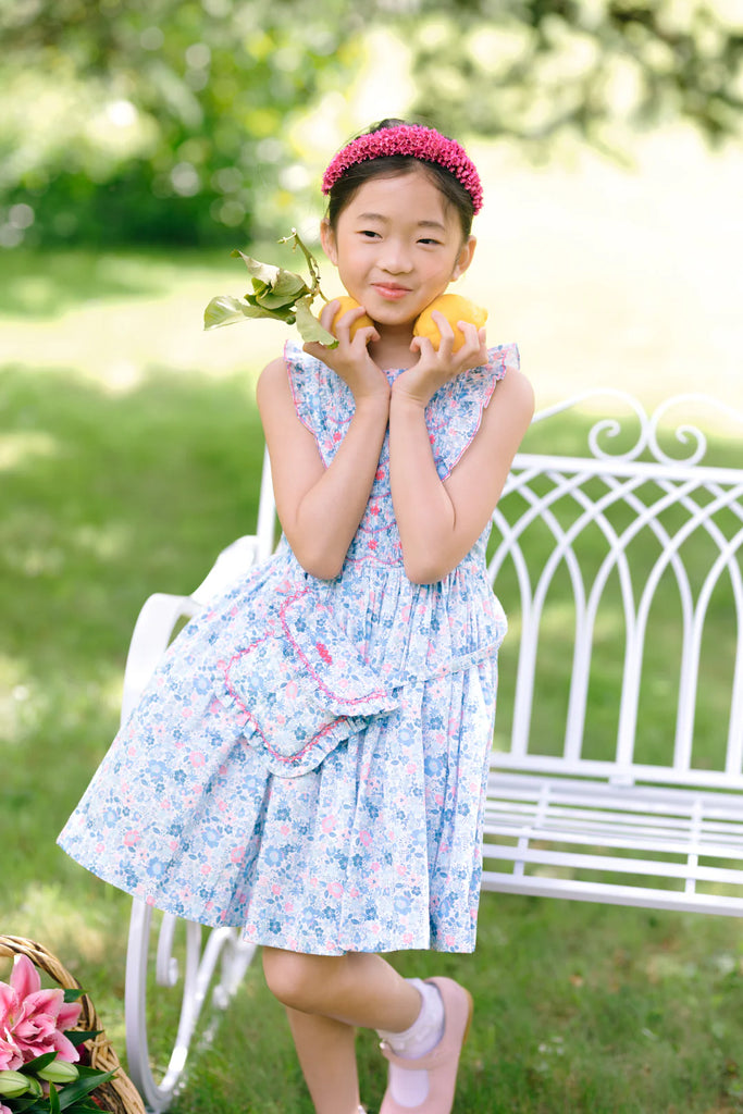 ANTOINETTE PARIS~ Marguerite blue floral frilled sleeveless smocked dress with purse