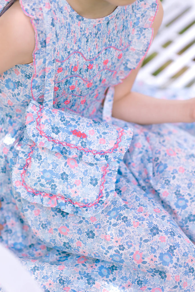 ANTOINETTE PARIS~ Marguerite blue floral frilled sleeveless smocked dress with purse