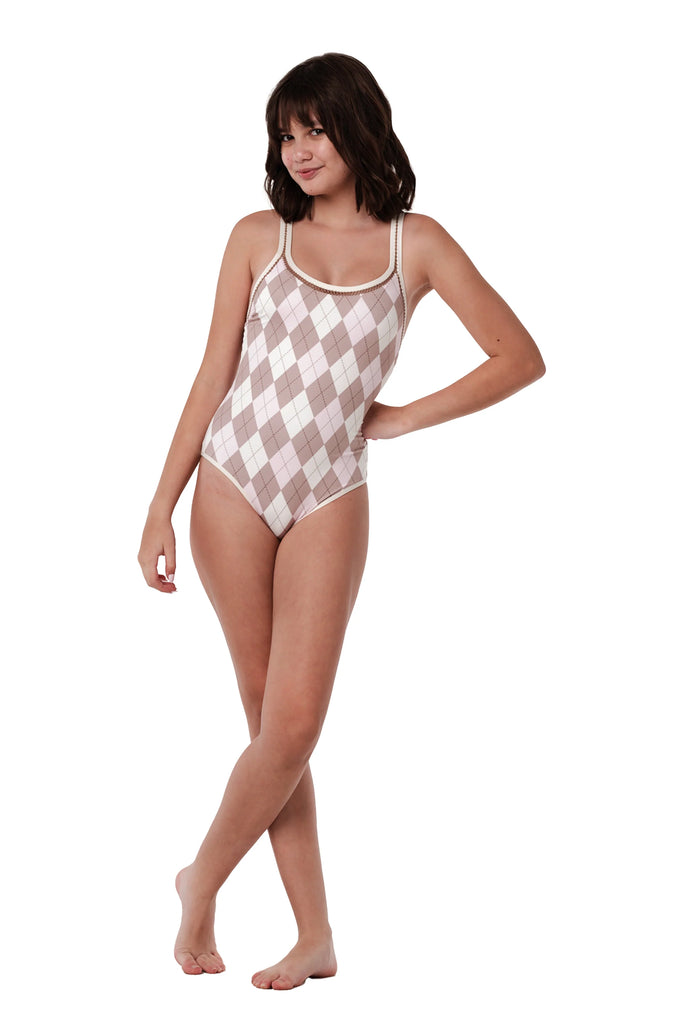 SUBMARINE~ 1 pc swimsuit Crossed in pink argyle