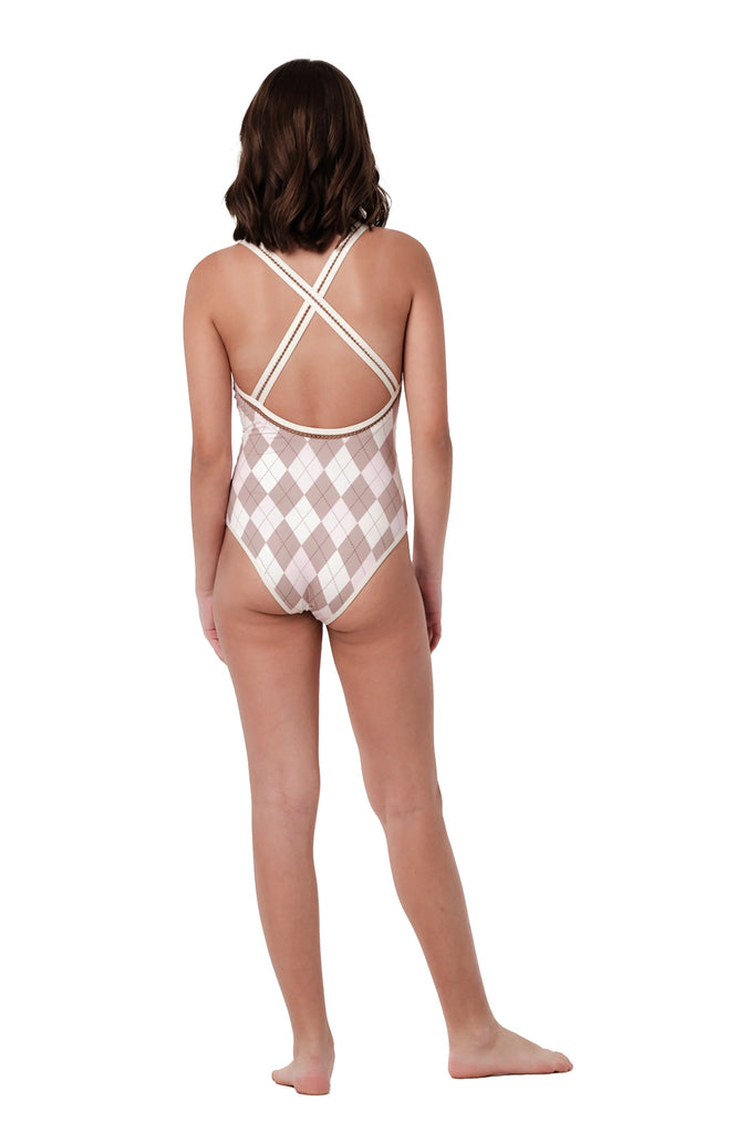 SUBMARINE~ 1 pc swimsuit Crossed in pink argyle