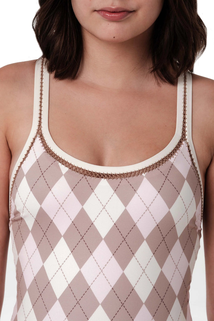 SUBMARINE~ 1 pc swimsuit Crossed in pink argyle