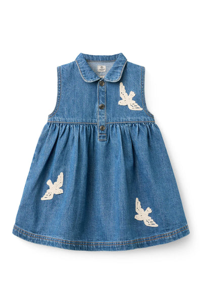 COPENHAGEN COLORS~ Denim dress with crochet doves
