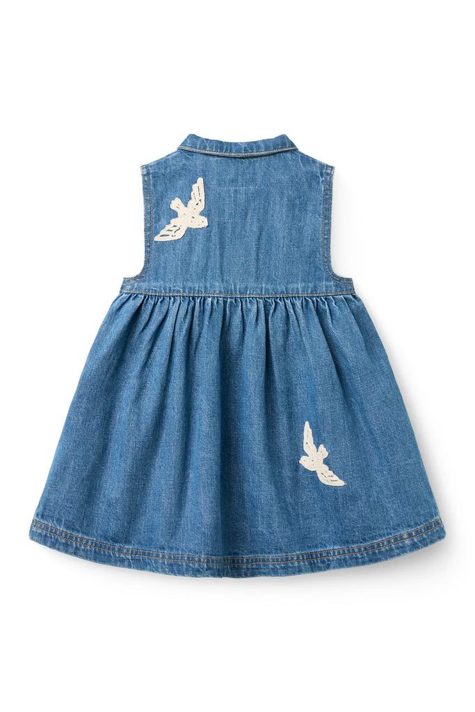 COPENHAGEN COLORS~ Denim dress with crochet doves