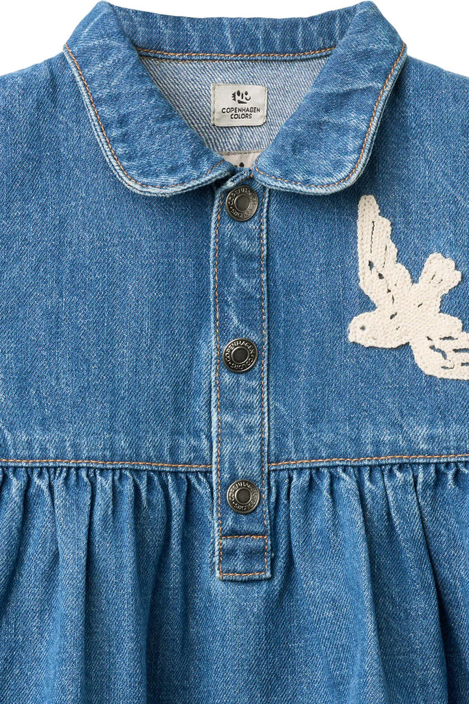 COPENHAGEN COLORS~ Denim dress with crochet doves