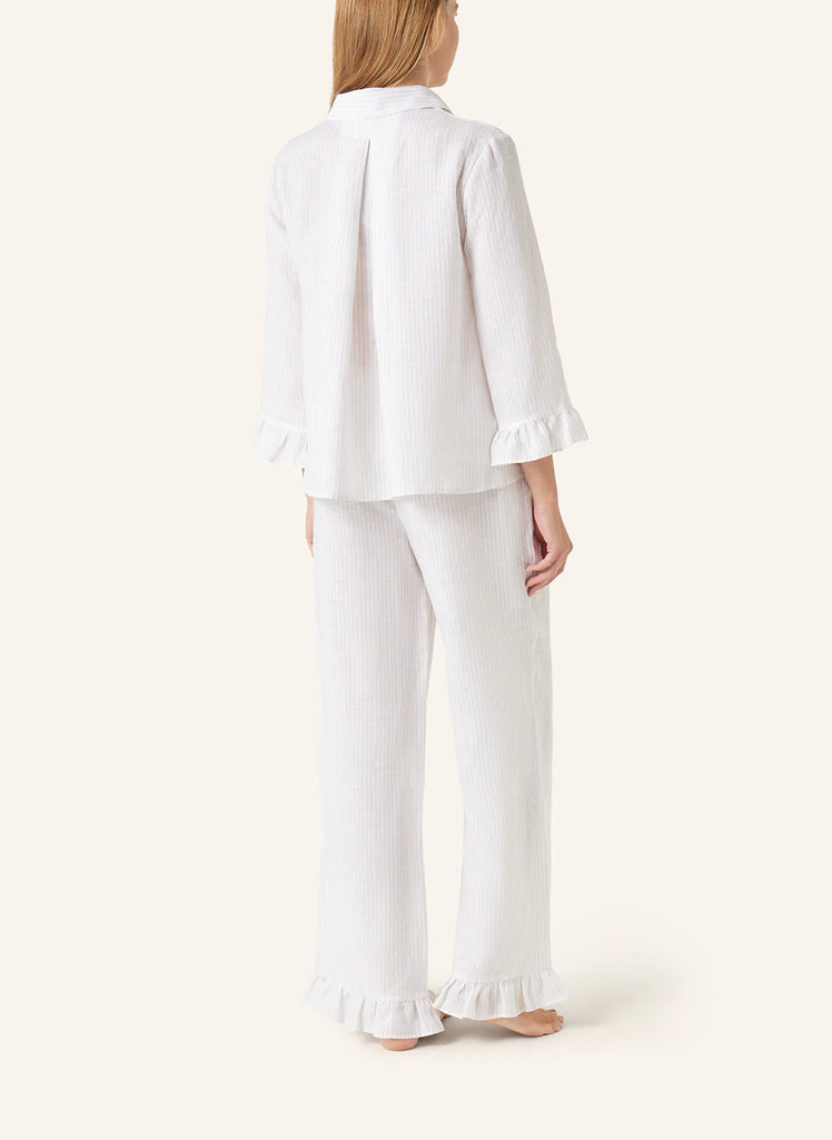 YELLAMARIS~ 2 pc beige linen stripe ruffle trim lounge set