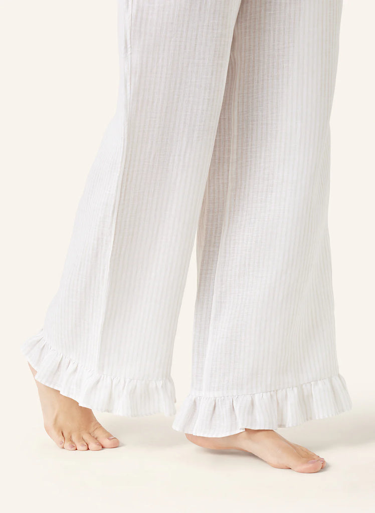 YELLAMARIS~ 2 pc beige linen stripe ruffle trim lounge set