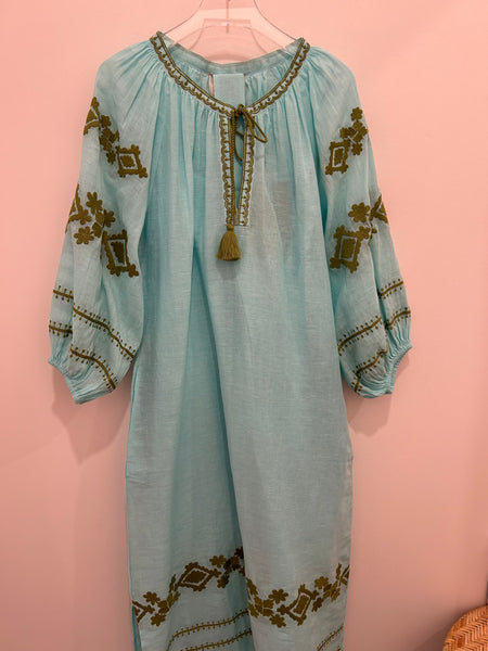 BENARAS~ Lt turquoise/loden Byblos kaftan 24704