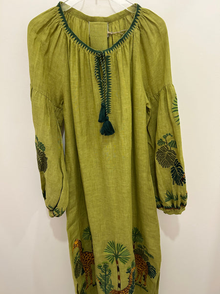 BENARAS~ Loden green kaftan w safari embroidery 24868