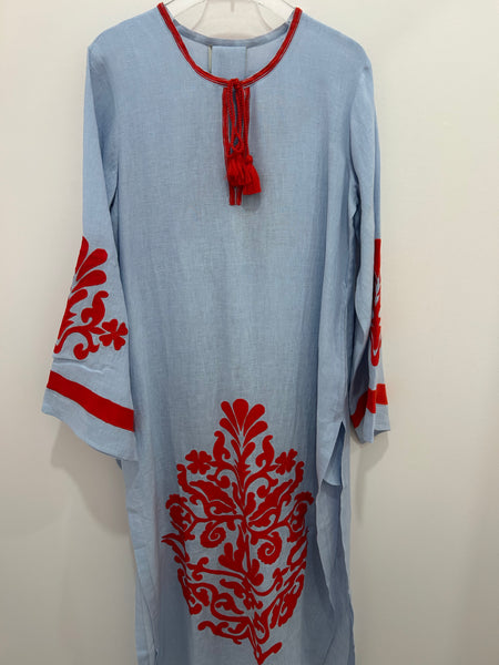 BENARAS~ Pale blue/red w Tahiti appliqué kaftan 24876
