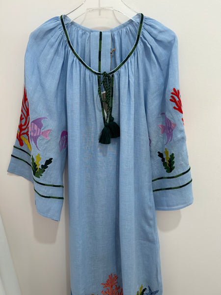 BENARAS~Denim blue multi kaftan w green trim 24864